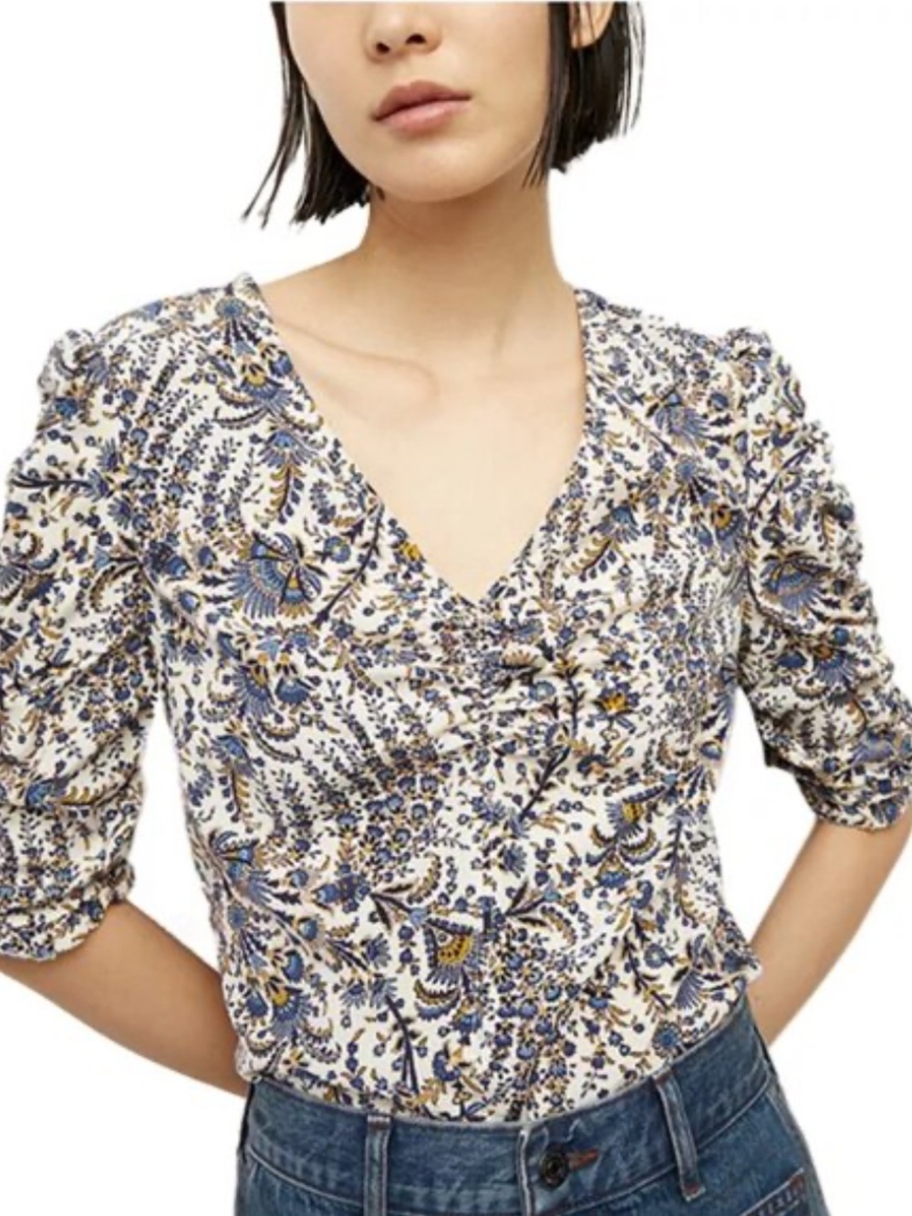 Veronica Beard Henrieta silk blue floral ruched v-neck blouse size 4